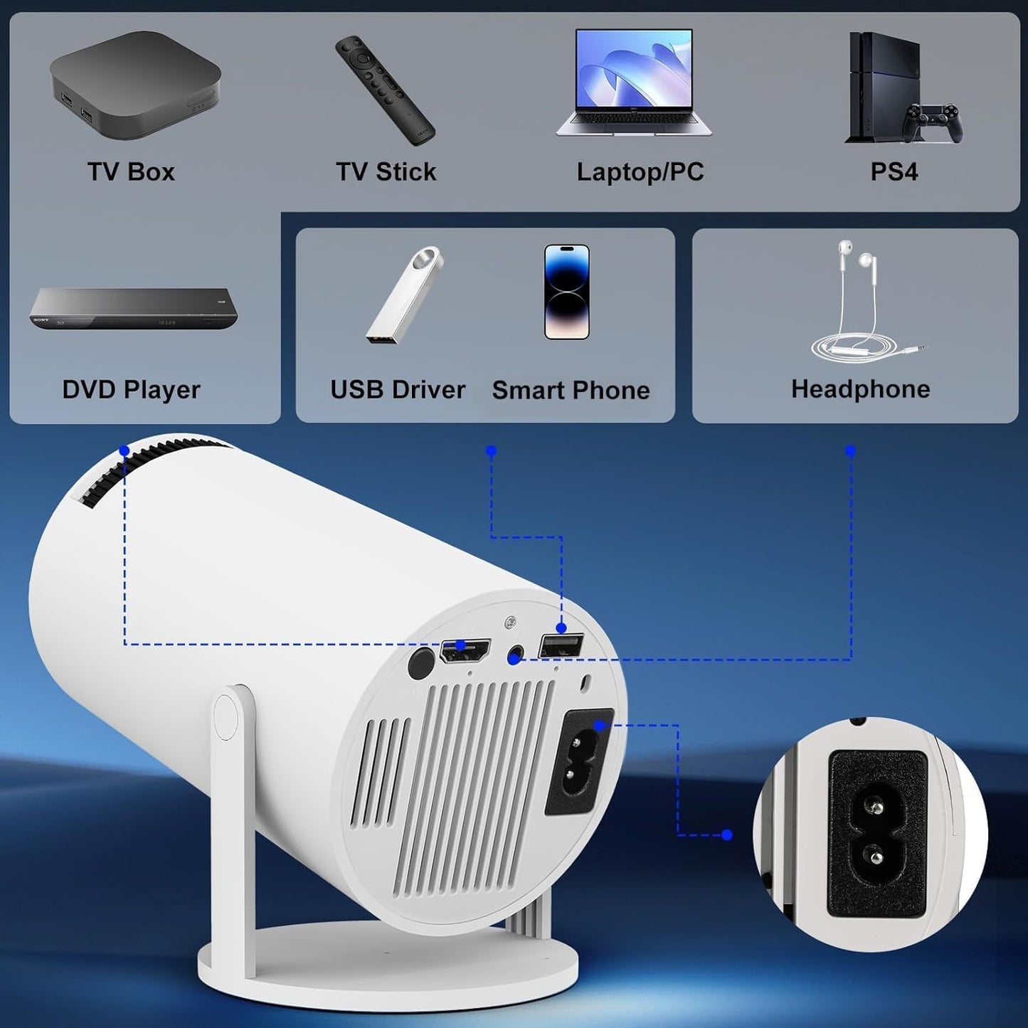 TuneFit Portable Mini Projector – 4K Supported, 1080P Full HD, 5G WiFi, Bluetooth 5.0, Android 11, 180° Adjustable, Compatible with iOS/Android/TV Stick – White