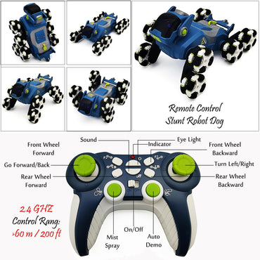 TuneFit RC Robot Dog Stunt Car – Mist Spray, Music, Lights | 2.4GHz Remote Control | Shape-Shifting | Gift for Kids (Ages 6-14)